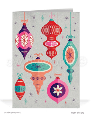 1960s atomic mid-century modern vintage pink Scandinavian retro holiday ornaments design printed Christmas cards.