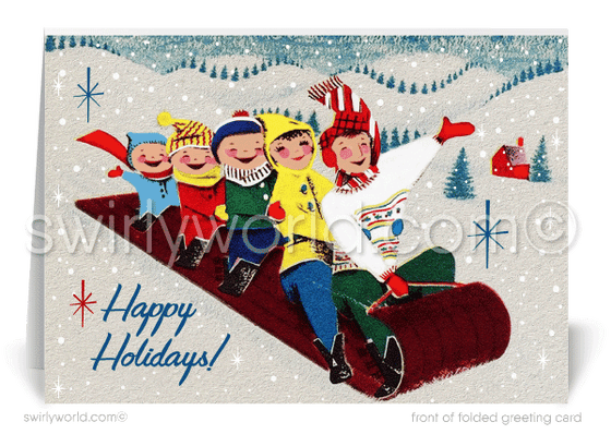 Retro mid-century modern vintage family sledding merry Christmas holiday greeting cards. 