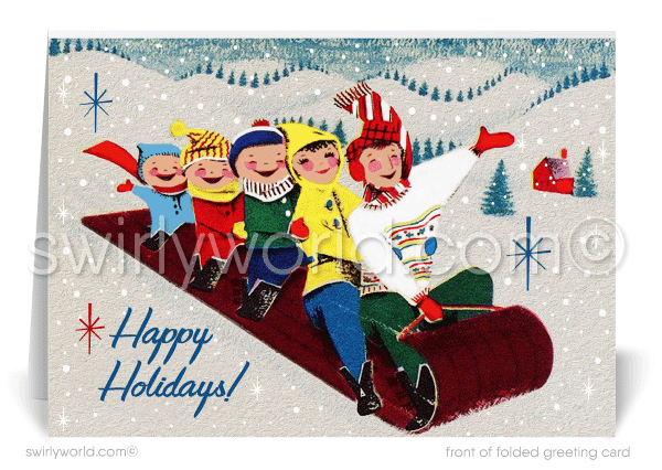 Retro mid-century modern vintage family sledding merry Christmas holiday greeting cards. 