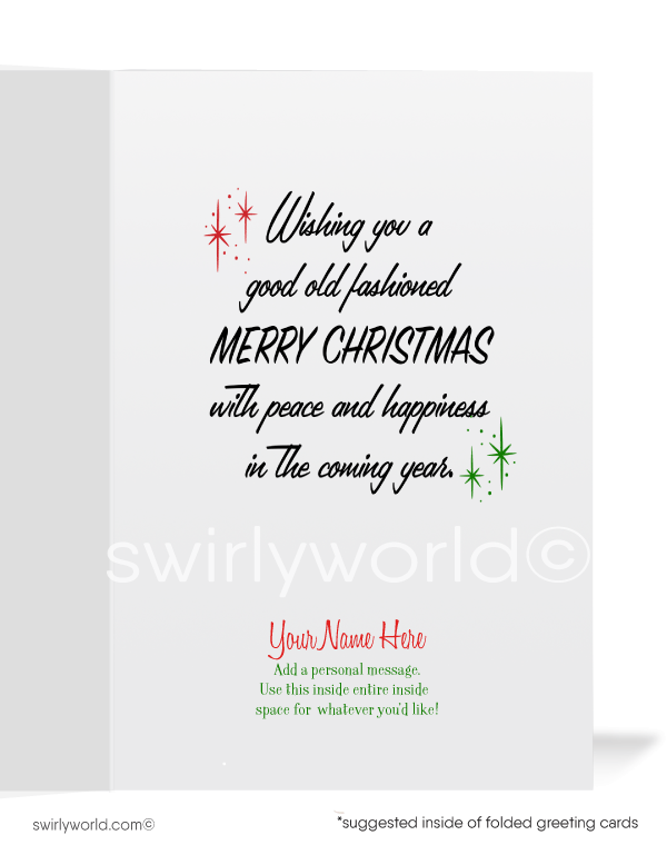 1950s Santa Claus in house foyer in front of vintage Christmas tree printed holiday cards. Mid-century Santa Claus Christmas tree