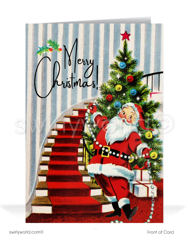 1950s Santa Claus in house foyer in front of vintage Christmas tree printed holiday cards. Mid-century Santa Claus Christmas tree
