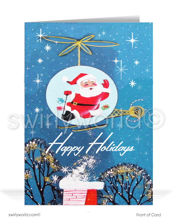 1950's Old Fashioned Santa Claus in Helicopter Vintage Merry Christmas Holiday Greeting Cards for Business Customers.