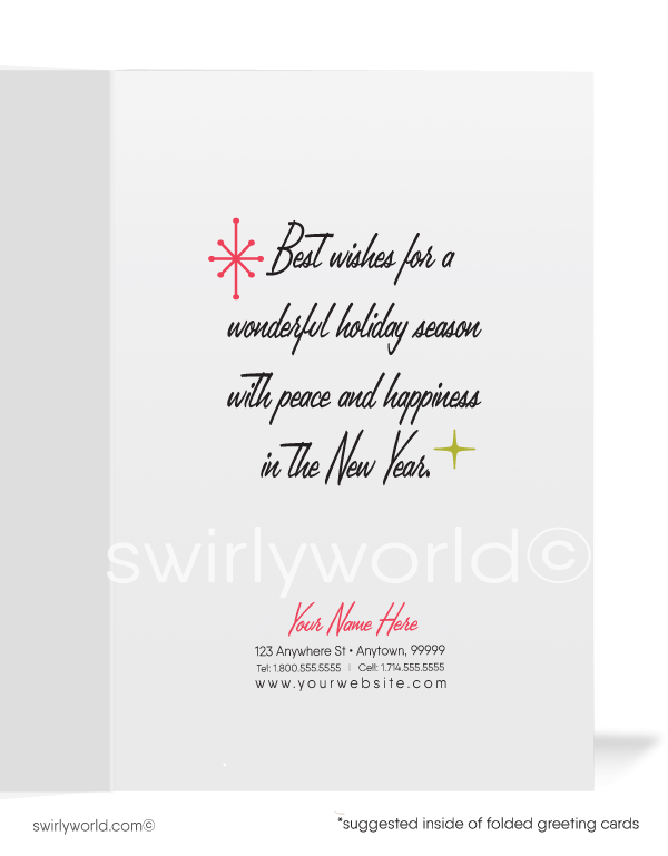 1960s vintage retro pink atomic mid-century modern MCM Christmas bell ornaments printed holiday cards.