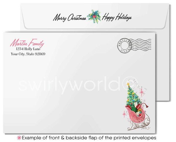 1960s Atomic Retro Mid-Century Modern Pink Bells Merry Christmas Holiday Cards