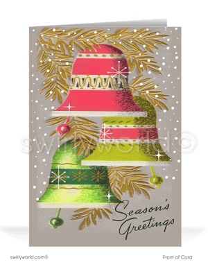 1960s vintage retro pink atomic mid-century modern MCM Christmas bell ornaments printed holiday cards.