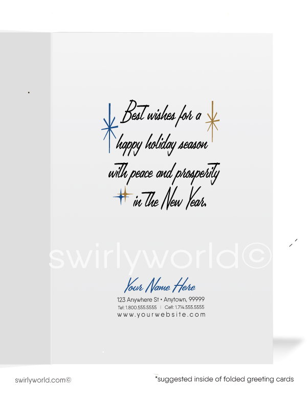 1960s atomic retro mid-century modern blue deer in forest Christmas printed holiday cards.