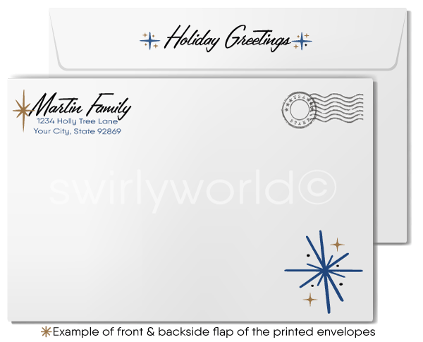 Vintage 1960s Atomic Era Christmas Card with Mid-Century White Deer in Abstract Blue Forest