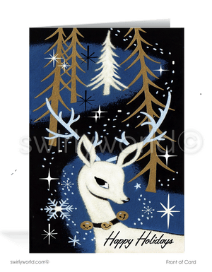 1960s atomic retro mid-century modern blue deer in forest Christmas printed holiday cards.