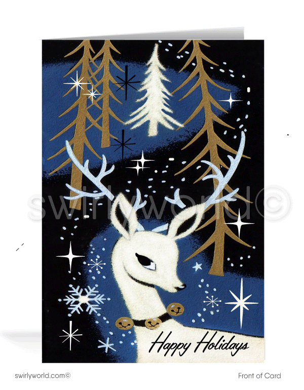 1960s atomic retro mid-century modern blue deer in forest Christmas printed holiday cards.