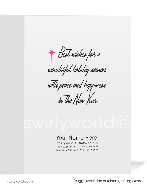 Celebrate Christmas with a vintage mid-century card featuring a dazzling pink atomic tree, a vibrant 1960s church, and retro starbursts for bold holiday charm.