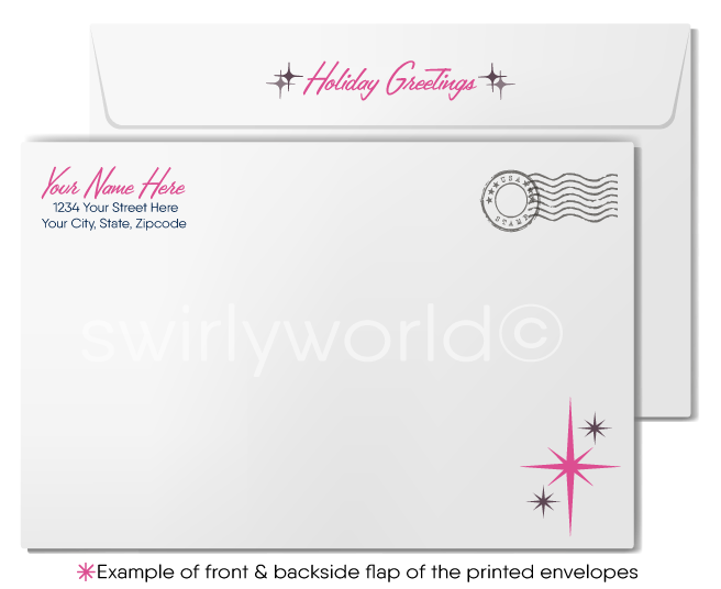 Vintage Mid-Century Pink Atomic Christmas Card – 1960s MCM Church with Starbursts & Bold Holiday Design