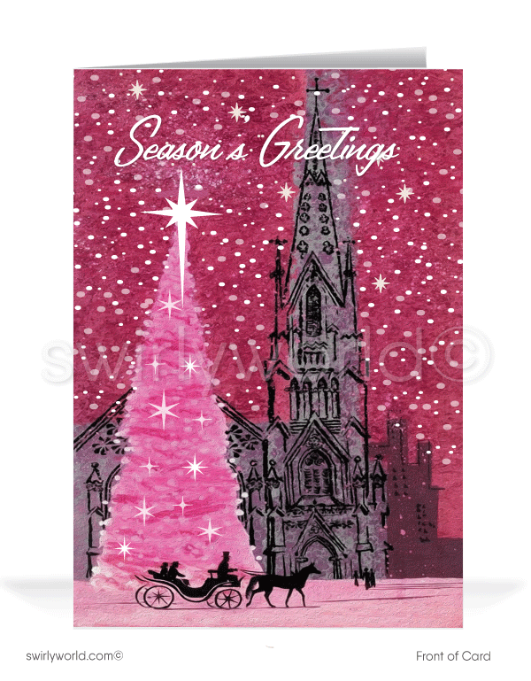Celebrate Christmas with a vintage mid-century card featuring a dazzling pink atomic tree, a vibrant 1960s church, and retro starbursts for bold holiday charm.