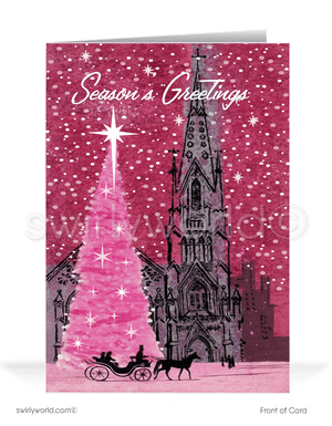 Celebrate Christmas with a vintage mid-century card featuring a dazzling pink atomic tree, a vibrant 1960s church, and retro starbursts for bold holiday charm.