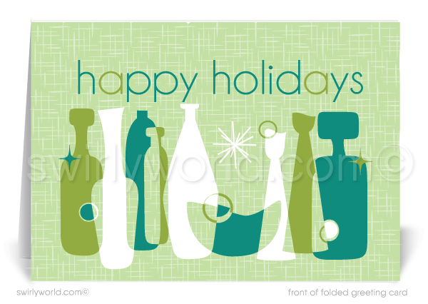 Retro atomic modern vintage style 1960's blue green Christmas holiday cards.