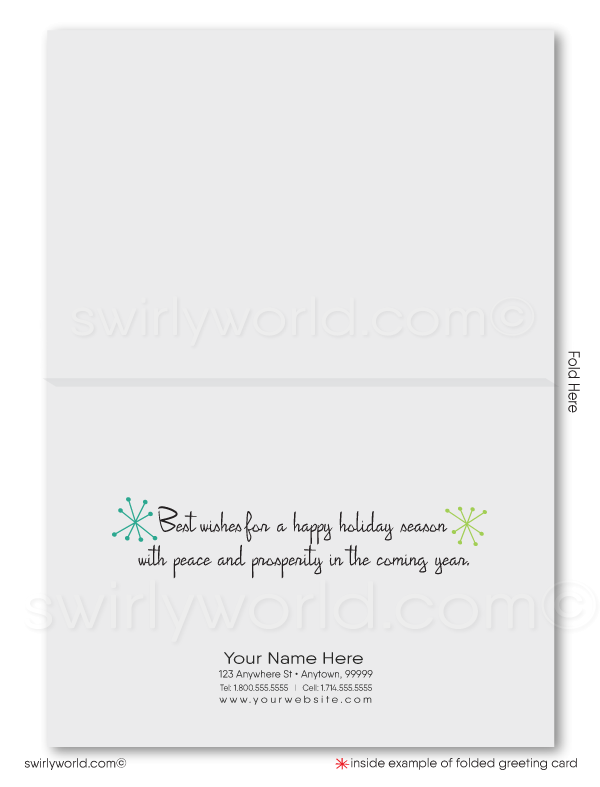 Swirly World’s 1950s-inspired Atomic Era holiday card captures mid-century charm with bold starbursts, mod shapes, and retro typography for a warm, nostalgic touch.