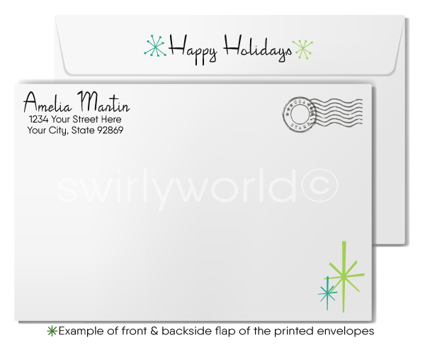 Digital Blue Atomic Boomerang Retro Mid-Century Modern Christmas Holiday Cards