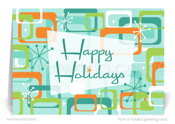 Swirly World’s 1950s-inspired Atomic Era holiday card captures mid-century charm with bold starbursts, mod shapes, and retro typography for a warm, nostalgic touch.