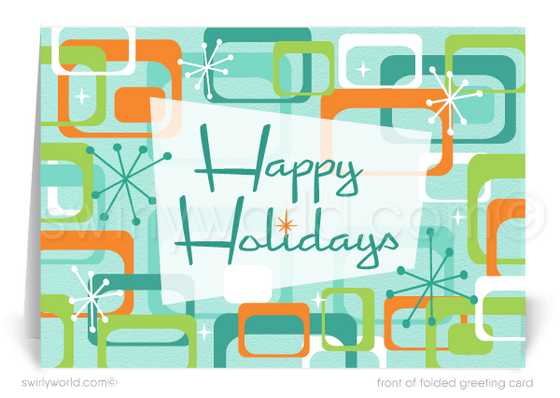 Retro mid-century atomic boomerang modern Christmas holiday greeting cards.
