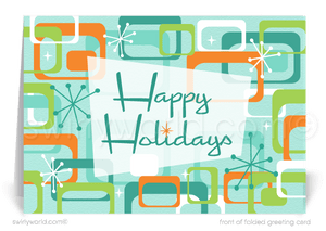 Retro mid-century atomic boomerang modern Christmas holiday greeting cards.