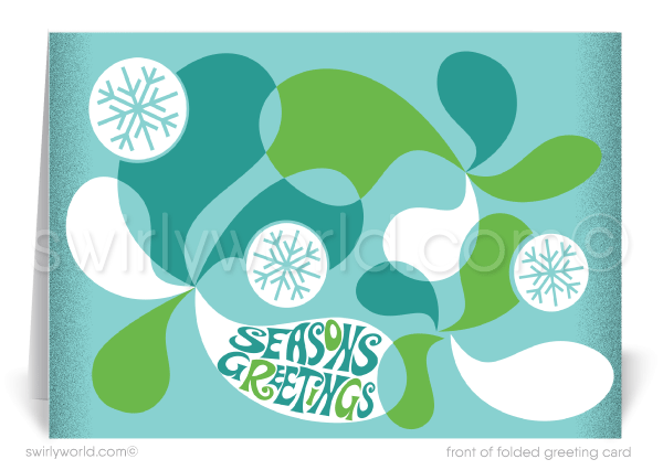 Swirly World Designs offers chic Season's Greetings cards in teal and green with mid-century modern motifs like retro starbursts and geometric shapes. Customizable and crafted on premium card stock, these cards make a stylish impression for clients and customers. Choose flat or folded cards with optional personalized envelopes.