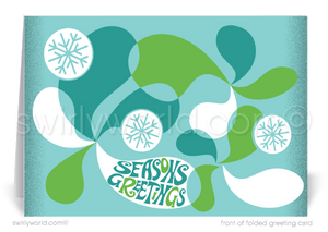 Swirly World Designs offers chic Season's Greetings cards in teal and green with mid-century modern motifs like retro starbursts and geometric shapes. Customizable and crafted on premium card stock, these cards make a stylish impression for clients and customers. Choose flat or folded cards with optional personalized envelopes.