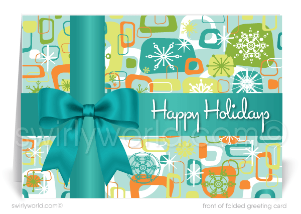 Swirly World Designs brings vintage Christmas Holiday cards to life with authentic mid-century typography and retro starbursts. Customizable messaging and premium card stock make these perfect for adding retro elegance to client and customer greetings. Choose flat or folded cards with optional personalized envelopes.