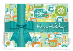 Swirly World Designs brings vintage Christmas Holiday cards to life with authentic mid-century typography and retro starbursts. Customizable messaging and premium card stock make these perfect for adding retro elegance to client and customer greetings. Choose flat or folded cards with optional personalized envelopes.