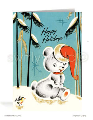 1950s retro mid-century kitsch white bear on sled vintage Christmas printed holiday cards.