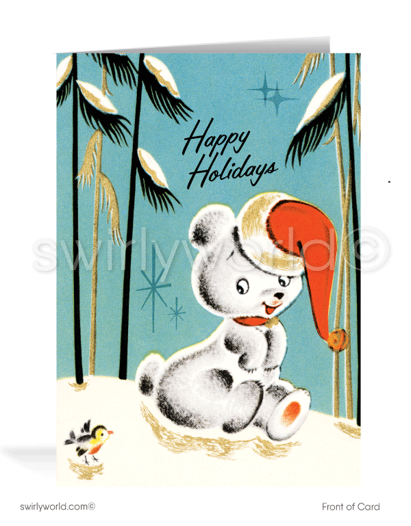 1950s retro mid-century kitsch white bear on sled vintage Christmas printed holiday cards.