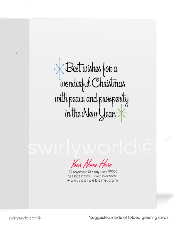 1950s mid-century vintage kitsch Santa Claus with reindeers on rooftop retro Merry Christmas printed holiday cards.