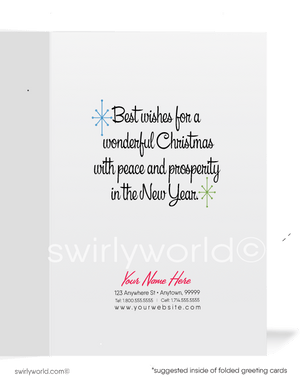 Vintage 1950s Christmas Card with Santa in Sleigh and Reindeer on Snowy Rooftop Scene