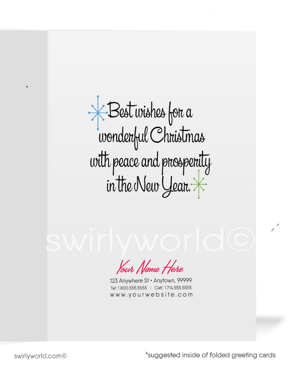 1950s mid-century vintage kitsch Santa Claus with reindeers on rooftop retro Merry Christmas printed holiday cards.