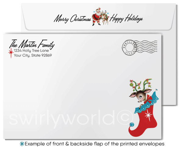 Vintage 1950s Christmas Card with Santa in Sleigh and Reindeer on Snowy Rooftop Scene