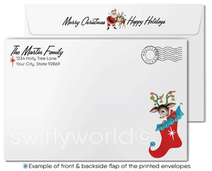 Vintage 1950s Christmas Card with Santa in Sleigh and Reindeer on Snowy Rooftop Scene