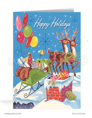 1950s mid-century vintage kitsch Santa Claus with reindeers on rooftop retro Merry Christmas printed holiday cards.
