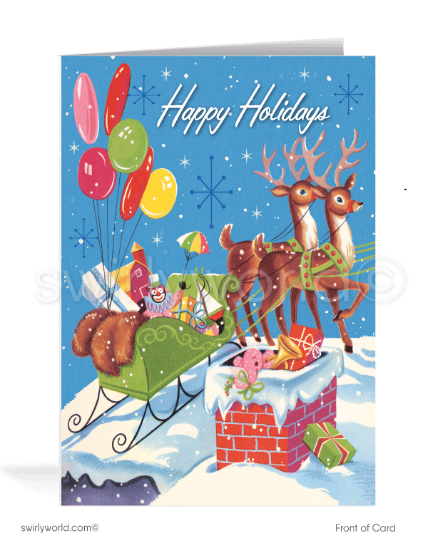 1950s mid-century vintage kitsch Santa Claus with reindeers on rooftop retro Merry Christmas printed holiday cards.