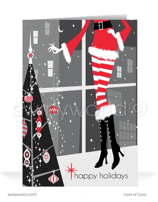 Retro modern black and red Mrs. Santa Claus cute holiday Christmas cards for women
