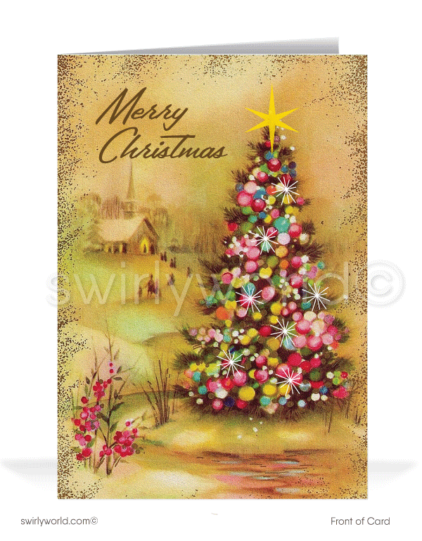 1960s Retro Mid-Century Modern Tree Vintage Merry Christmas Holiday Cards.