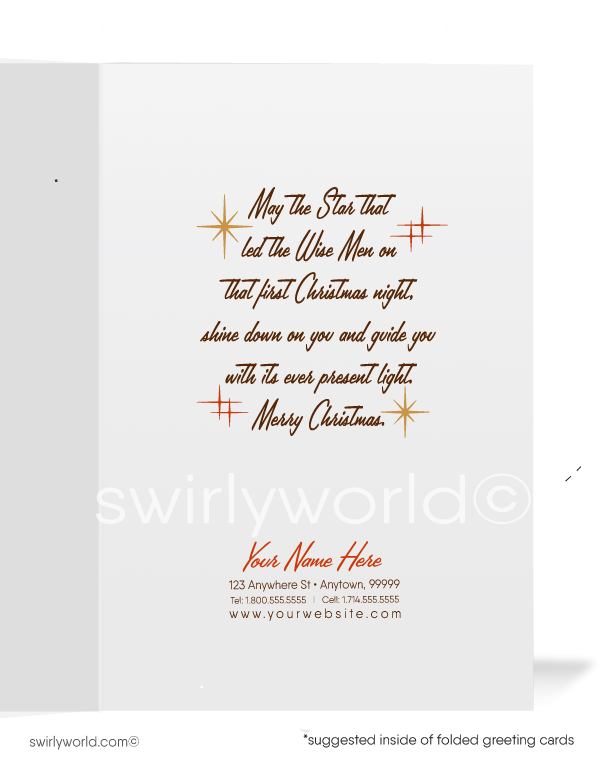 Swirly World’s vintage Christmas card brings 1960s charm to life with a mid-century "Three Kings" design, religious star, and retro typography for a nostalgic holiday feel.
