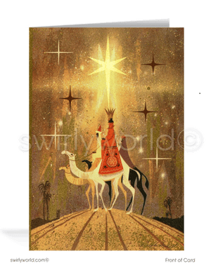 Swirly World’s vintage Christmas card brings 1960s charm to life with a mid-century "Three Kings" design, religious star, and retro typography for a nostalgic holiday feel.