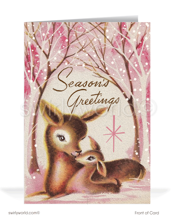 1950's retro mid-century modern vintage holiday Mother and Baby Fawn deer Christmas cards.