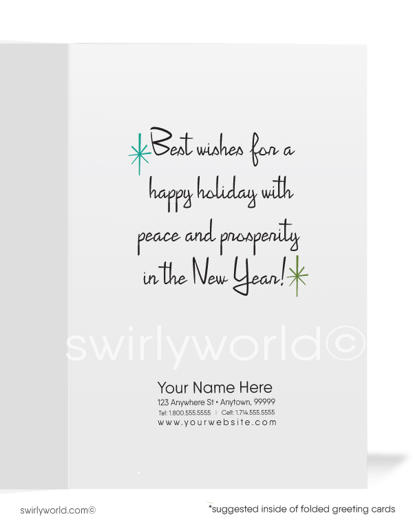 Vintage style mid-century modern retro ornaments atomic Merry Christmas printed holiday cards.