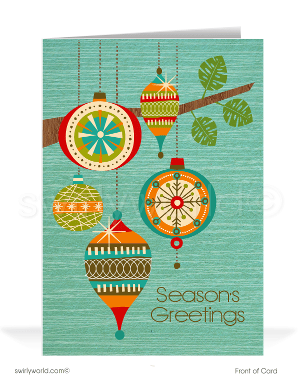 Vintage style mid-century modern retro ornaments atomic Merry Christmas printed holiday cards.