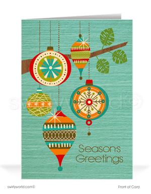 Vintage style mid-century modern retro ornaments atomic Merry Christmas printed holiday cards.