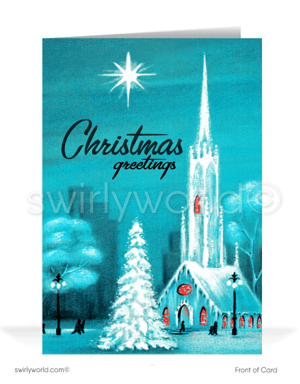 1960s mid-century modern blue vintage watercolor religious Church Merry Christmas cards.