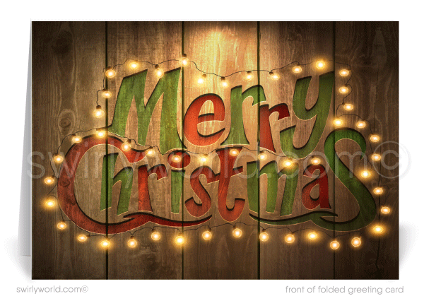 Retro Rustic Wood Merry Christmas Sign with Lights Holiday Card.