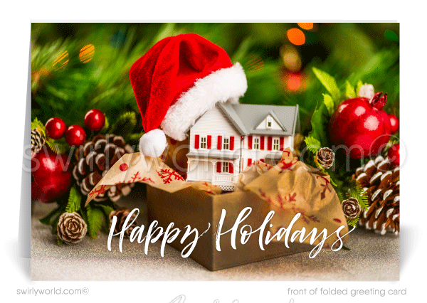 Client Christmas holiday cards for Realtors and real estate agents. House with santa hat on.