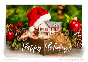 Client Christmas holiday cards for Realtors and real estate agents. House with santa hat on.