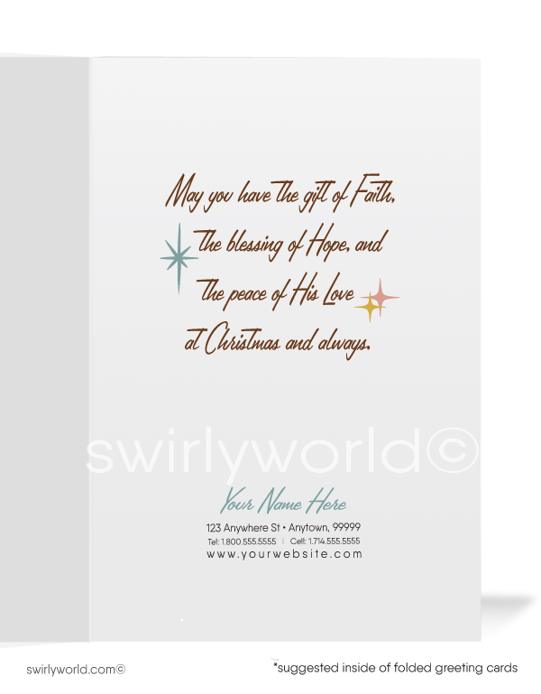 Send holiday cheer with a vintage 1950s Christmas card featuring a kitschy angel and baby Jesus in a pastel watercolor manger scene. Perfect retro holiday charm!