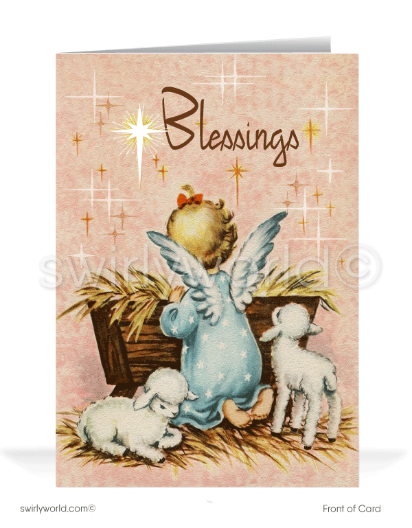Send holiday cheer with a vintage 1950s Christmas card featuring a kitschy angel and baby Jesus in a pastel watercolor manger scene. Perfect retro holiday charm!